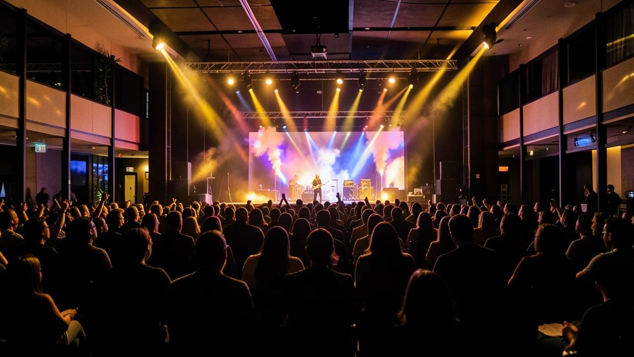 Live concert with stage lighting and a seated audience at a modern hotel venue