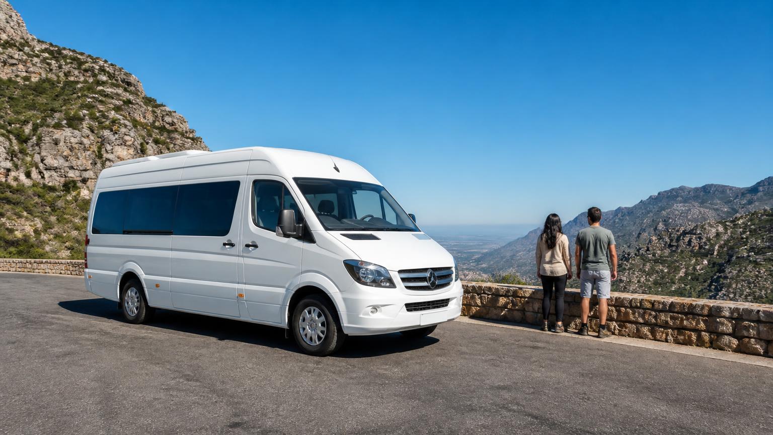 Air-conditioned touring minibus parked at a mountain pass viewpoint in Mpumalanga