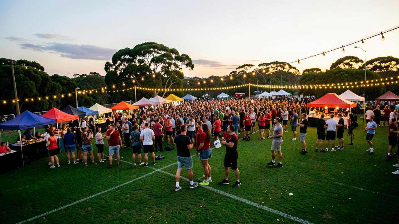 Outdoor summer festival crowd and food stalls on a rugby club field at dusk
