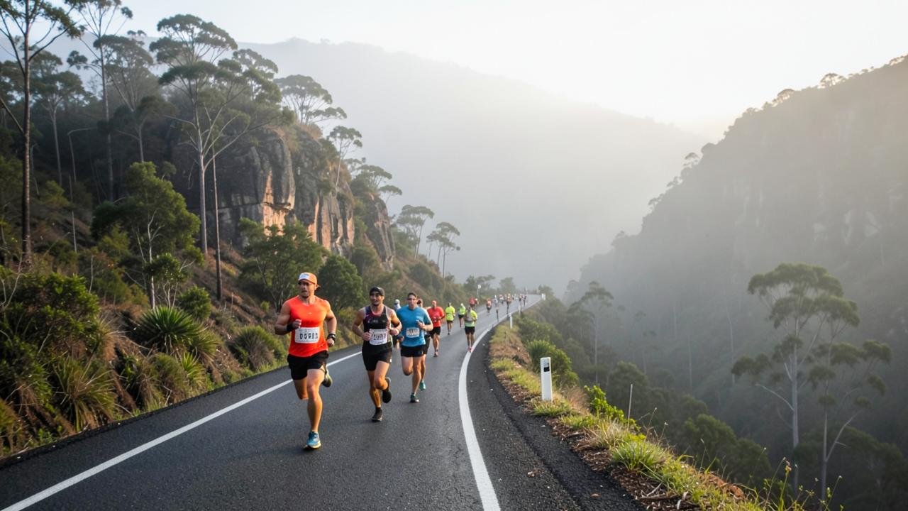 Runners descending a misty mountain pass road during an early morning marathon