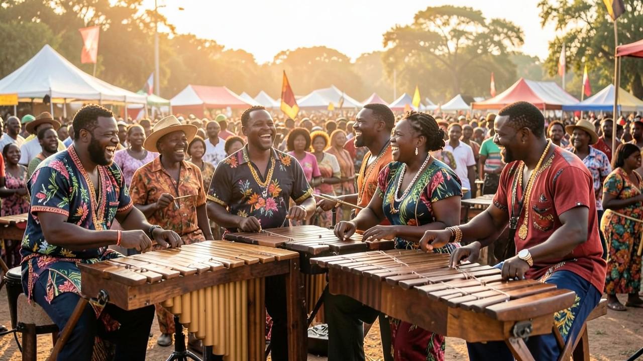 Musicians performing on marimbas at an outdoor African cultural festival