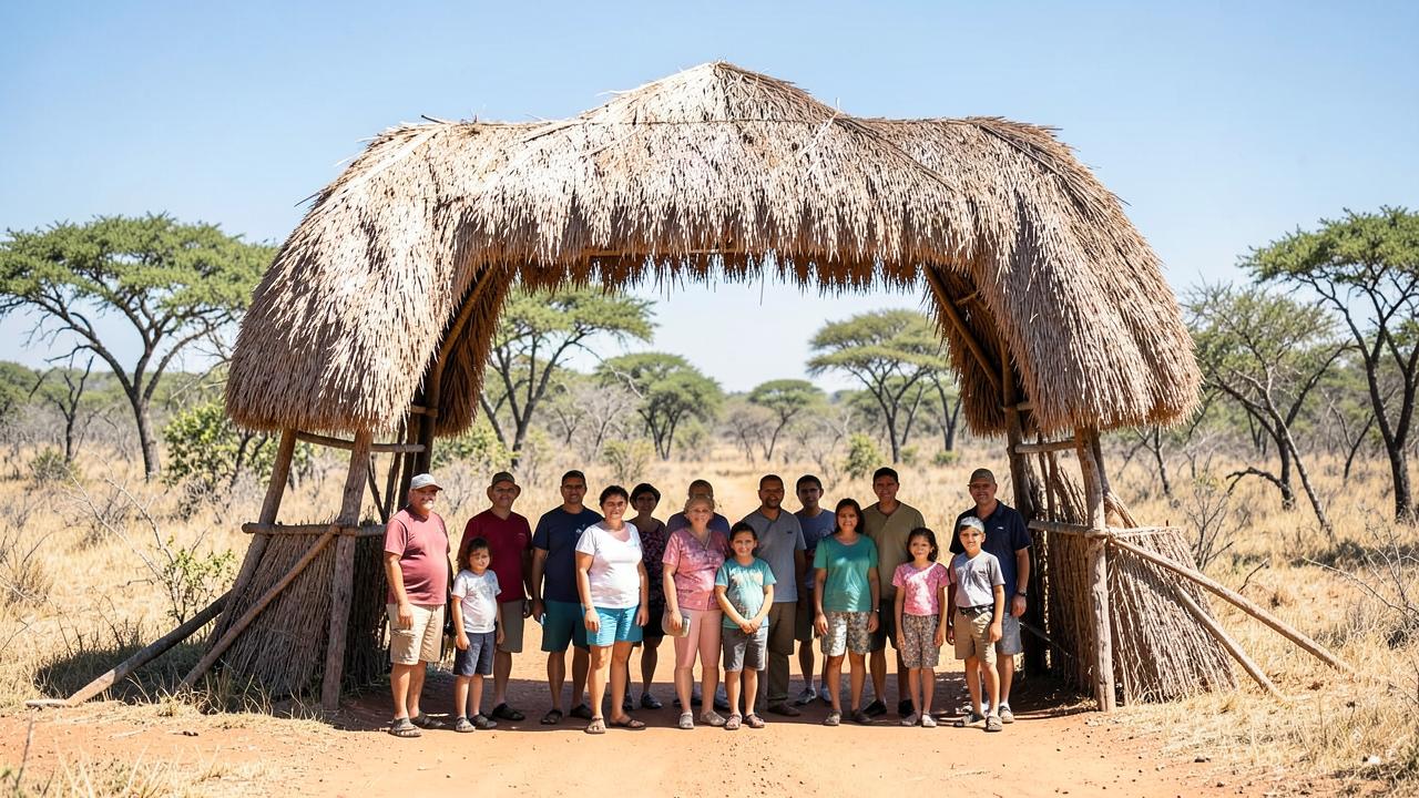 Visitors gathered at a thatched Kruger National Park entrance gate