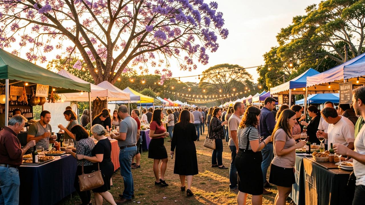 Spring food and wine festival with market stalls under blossoming jacaranda trees