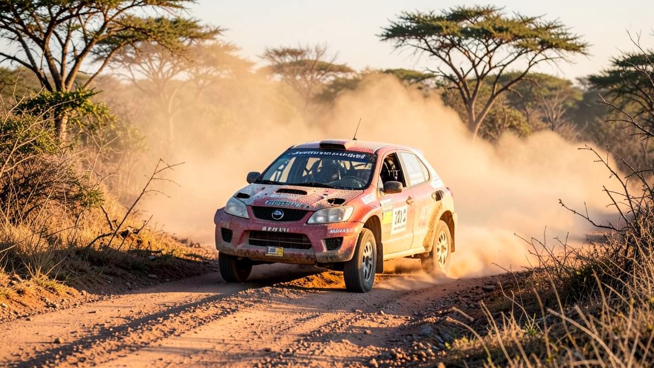 Rally car throwing up dust on a gravel stage in the Mpumalanga bushveld